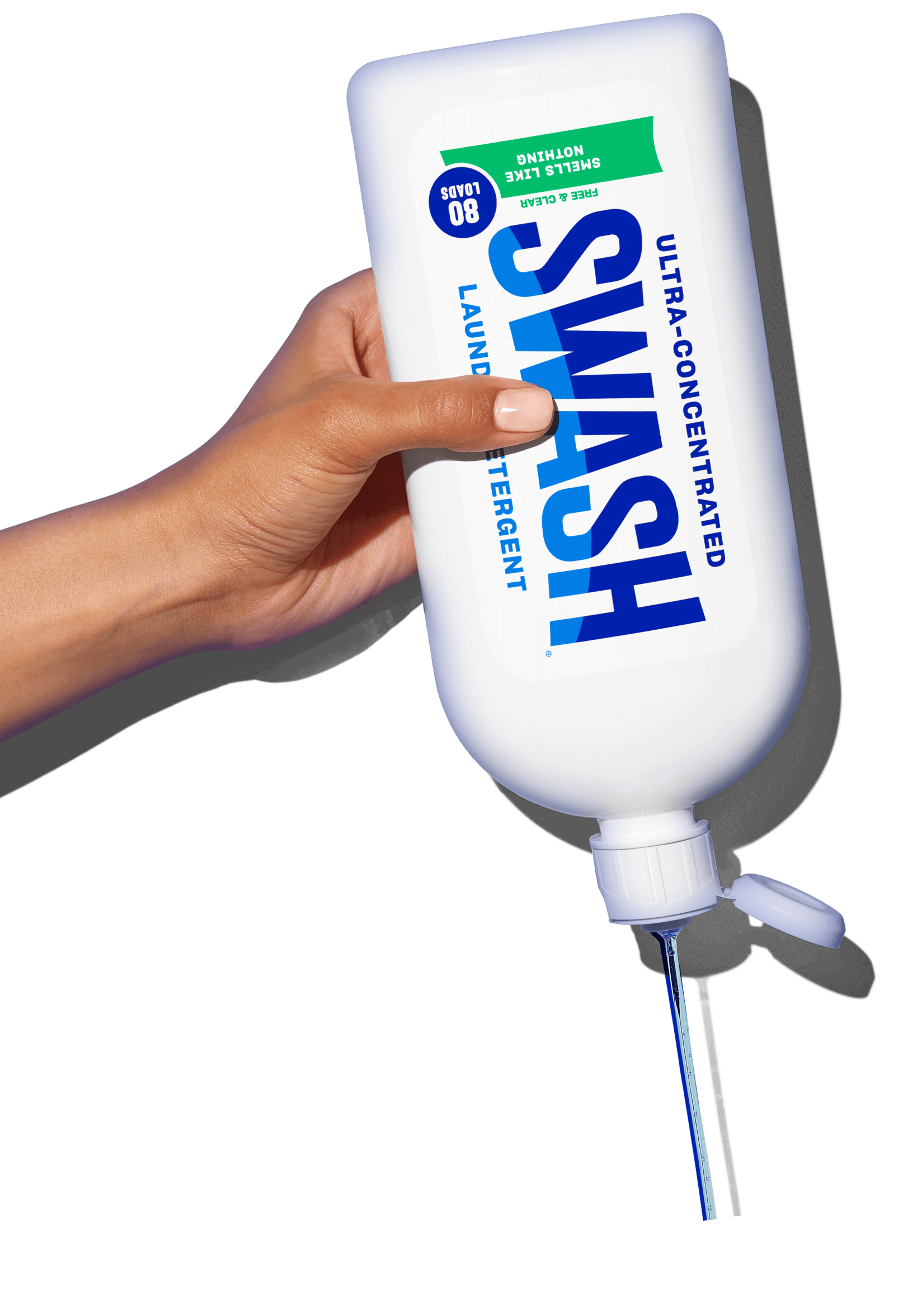 A personal holding a Swash® Smells Like Nothing Laundry Detergent cap down and squeezing laundry detergent out of it.