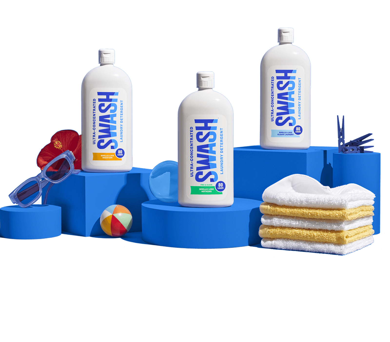 All three Swash® Laundry Detergent scents on pedestals with scent cues