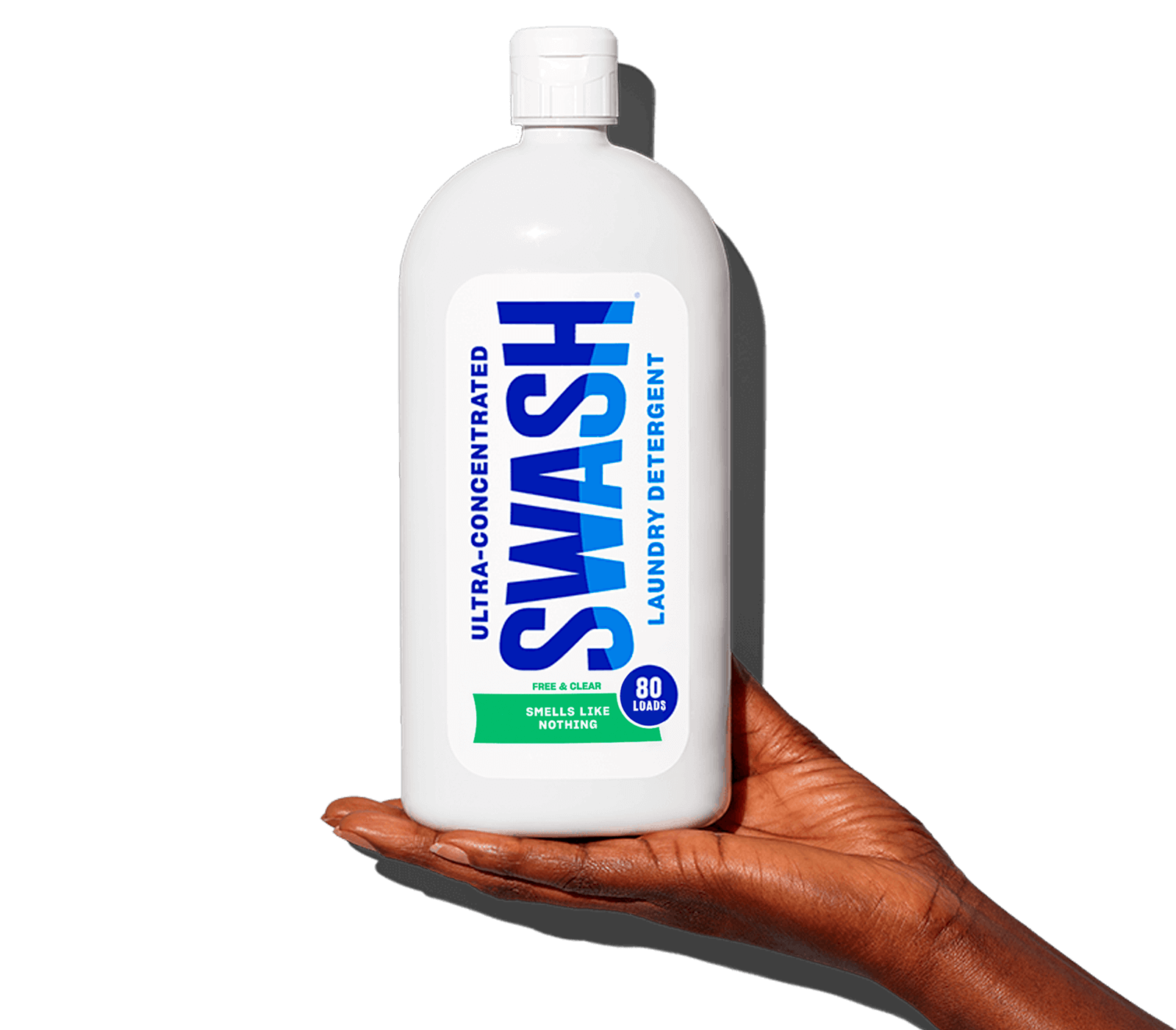 Swash® Laundry Detergent Smells Like Nothing being held in palm of hand