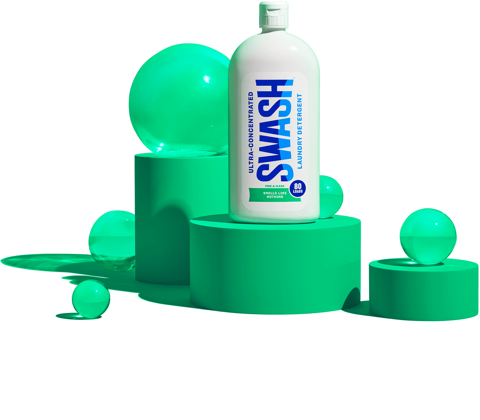 Swash® Laundry Detergent Smells Like Nothing on pedestal with clear orbs surrounding the bottle.