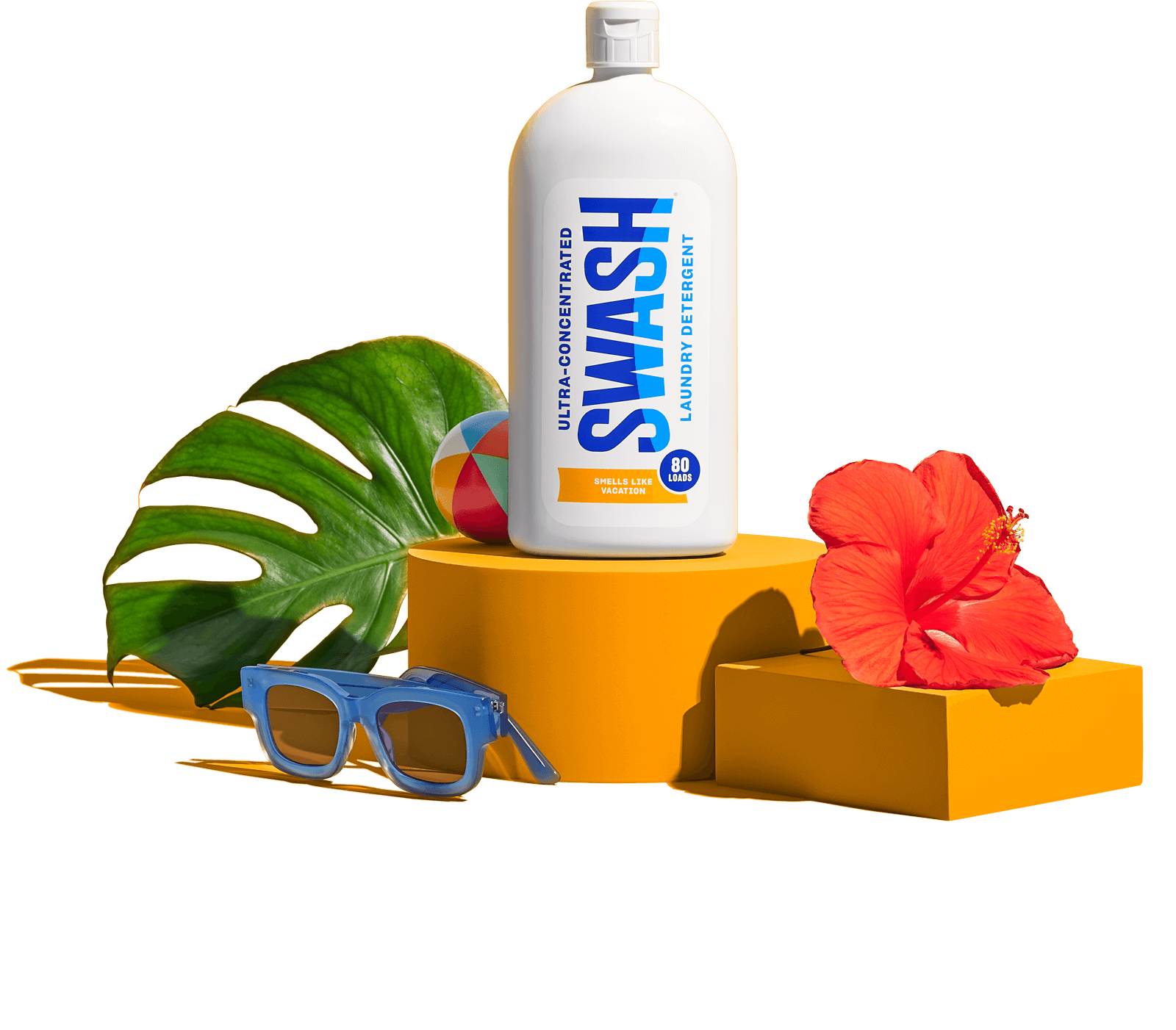 Swash® Laundry Detergent Smells Like Vacation on pedestal with vacation-themed items surrounding the bottle.