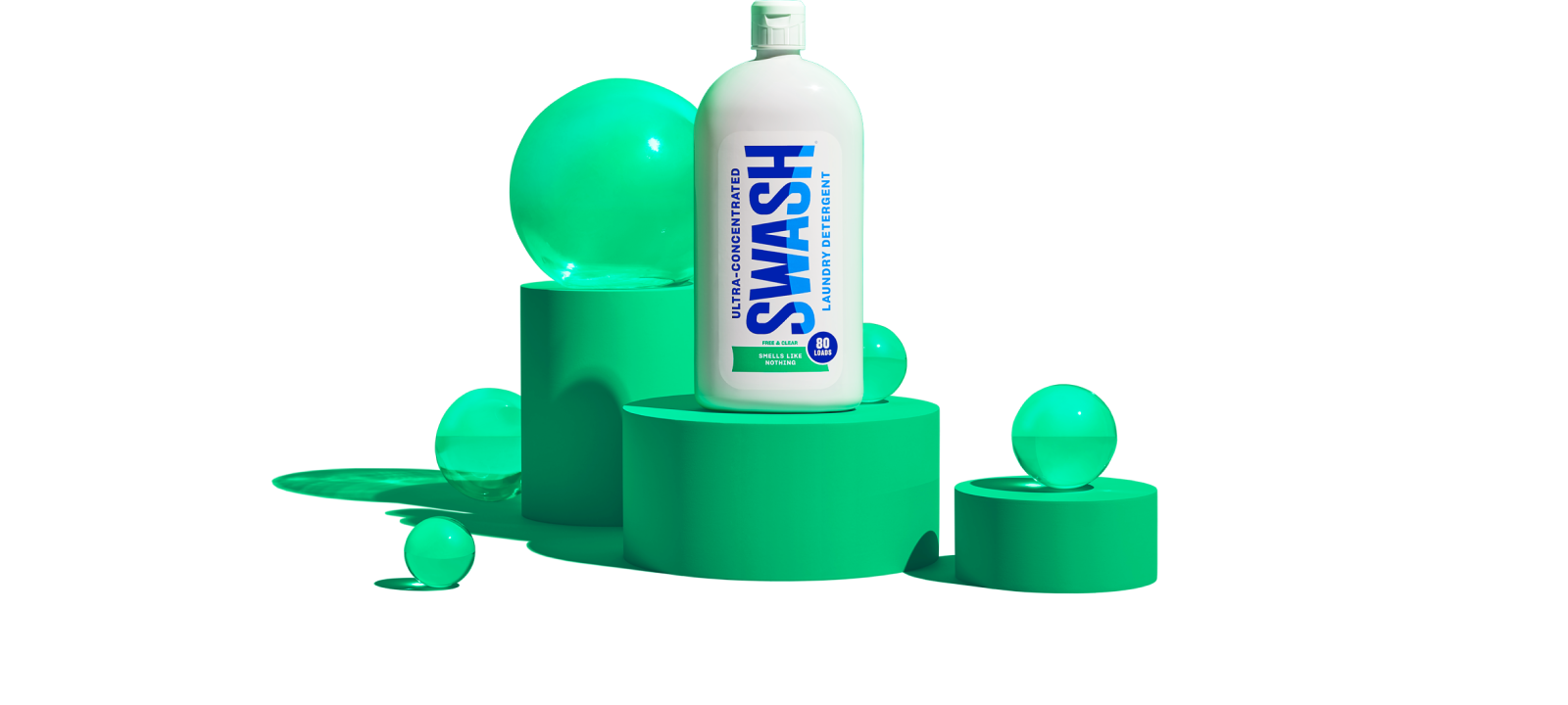 Swash® Laundry Detergent Smells Like Nothing on pedestal with clear orbs surrounding the bottle.