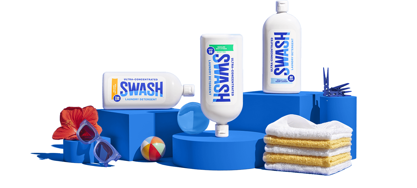 All three Swash® Laundry Detergent scents on pedestals with scent cues