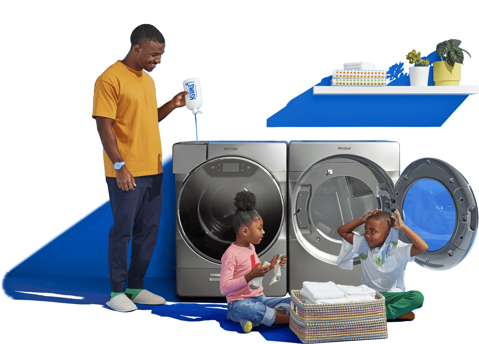A person squeezing Swash® Laundry Detergent to a Whirlpool® front load washer while two kids sit in front, holding freshly washed clothing items.